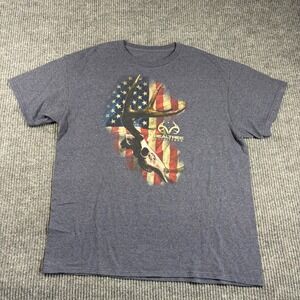 Realtree Outfitters Shirt Mens L Blue Heather Deer Skull‎ American Flag Graphic